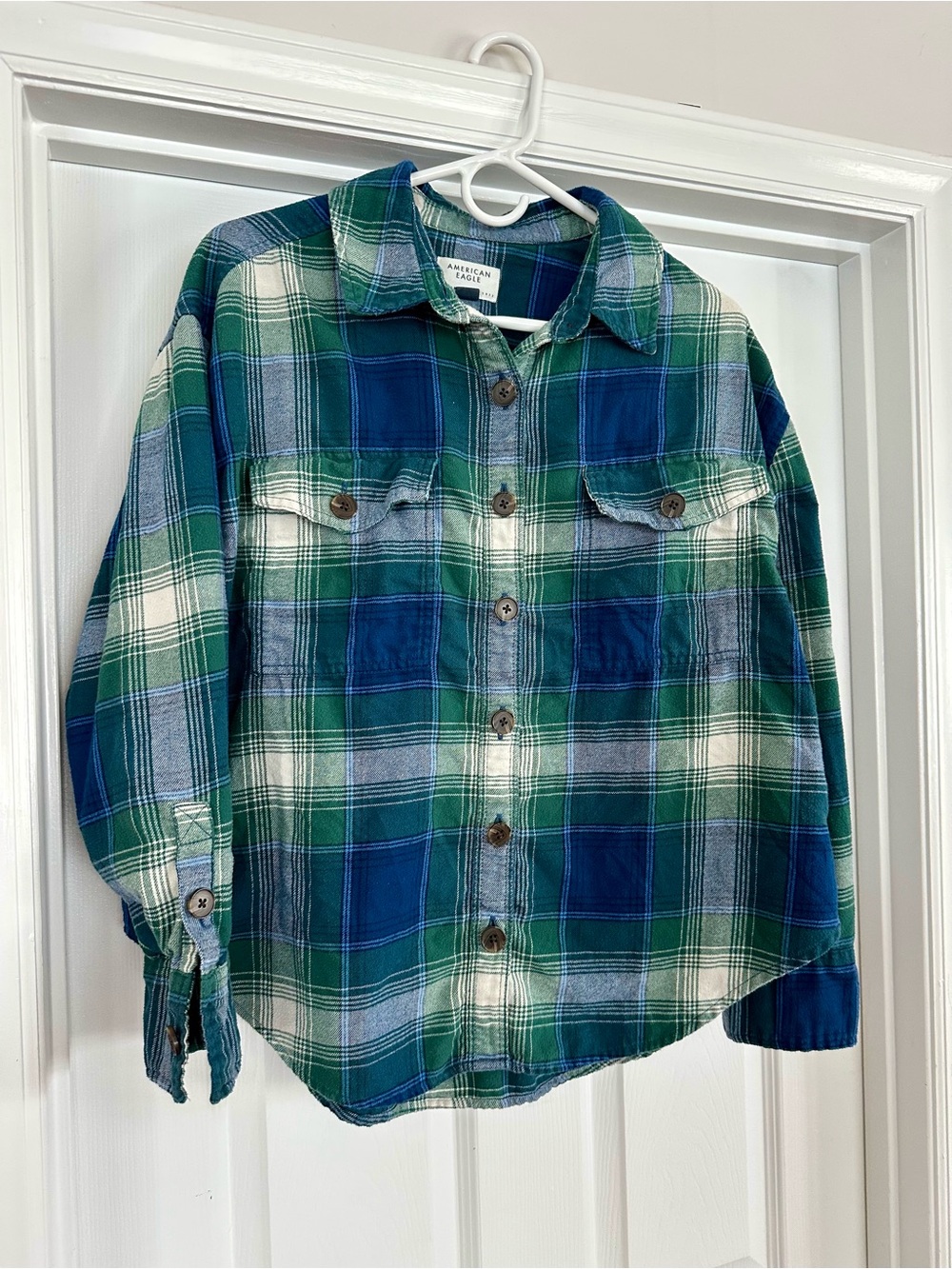 AE Plaid Button-Up Shirt Deep Forest Green Cotton Flannel Size Women’s SM